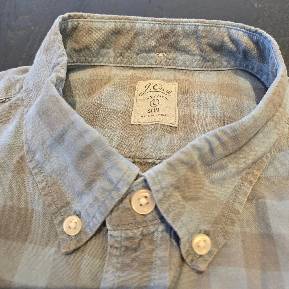J. Crew Mens Slim Fit Buffalo Check Button Down‎ Shirt Blue Grey Large L Cotton